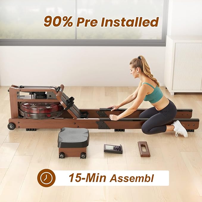 Water Rowing Machine for Home Use- Foldable Rower Machine 400LBS Weight Capacity with Dedicated Monitor & Comfortable Seat, Bluetooth APP