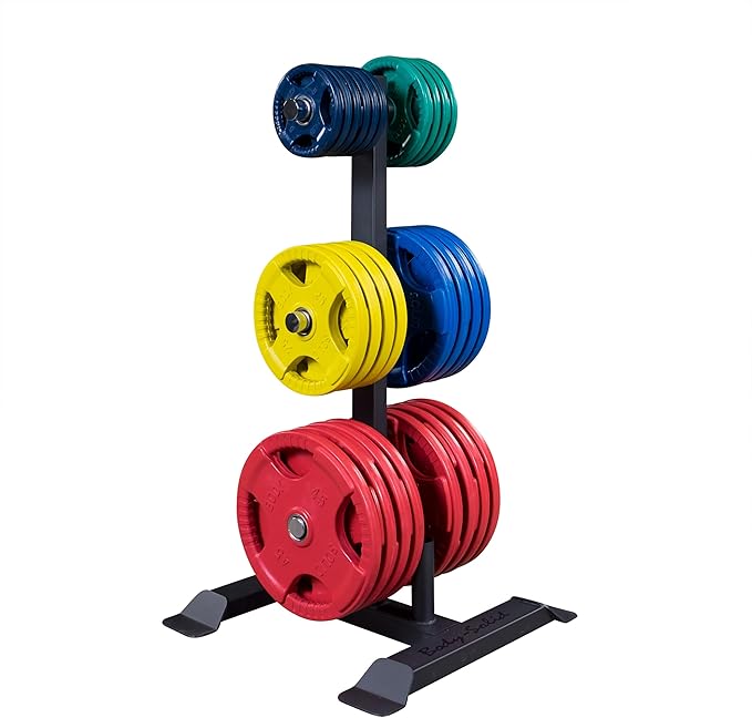 Body-Solid (GWT56) Heavy-Gauge Vertical Weight Tree Rack & Olympic Bar Holder, Commercial Bumper Plate Storage with 6 Chrome Weight Horns, Home Gym Weight Plates & Barbell Stand, 1000 lbs Capacity