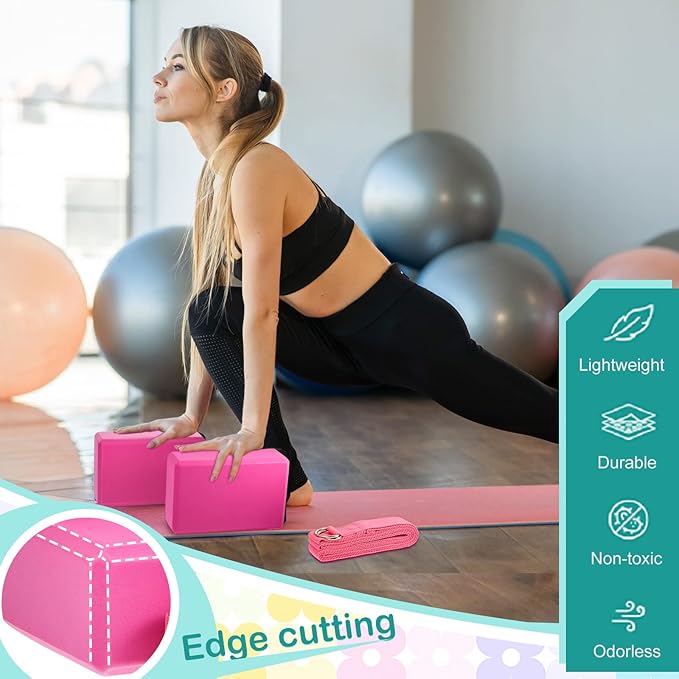 Meooeck 18 Pcs Yoga Blocks and Strap Set Include 12 EVA Foam Yoga Blocks Bulk 9"x6"x3" with 6 Adjustable 8 ft Straps D Ring Non Slip Props for Stretching Pilates Workout Studio Home Gym