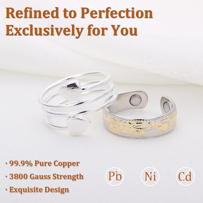 Magnetic Copper Rings Set for Women, Elegant Lymphatic Jewelry Gifts, Vintage Adjustable Vine Design