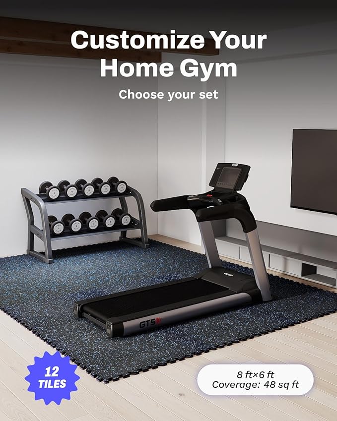 AIRHOP 0.79in Thick 48 Sq Ft Exercise Equipment Mats, 12 Tiles Upgraded Rubber Top with High Density EVA Foam, Large Interlocking Puzzle Gym Flooring for Home Gym, Heavy Weight Workout,Black & Blue