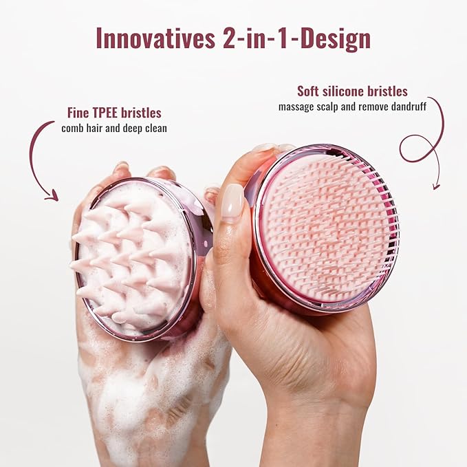 2 in 1 Scalp Massager Hair Growth,Scalp Scrubber with Soft Silicone Bristles for Dandruff Removal,Shampoo Brush for Exfoliation,Head Massager for Both Wet and Dry Use (Pink)
