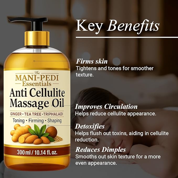 Anti Cellulite Massage Oil with Ginger Oil for Lymphatic Drainage Massage. Enriched with Tea-Tree Oil & Natural Herbs for Toning, Firming & Shaping. Natural & Organic - 10 Fl Oz