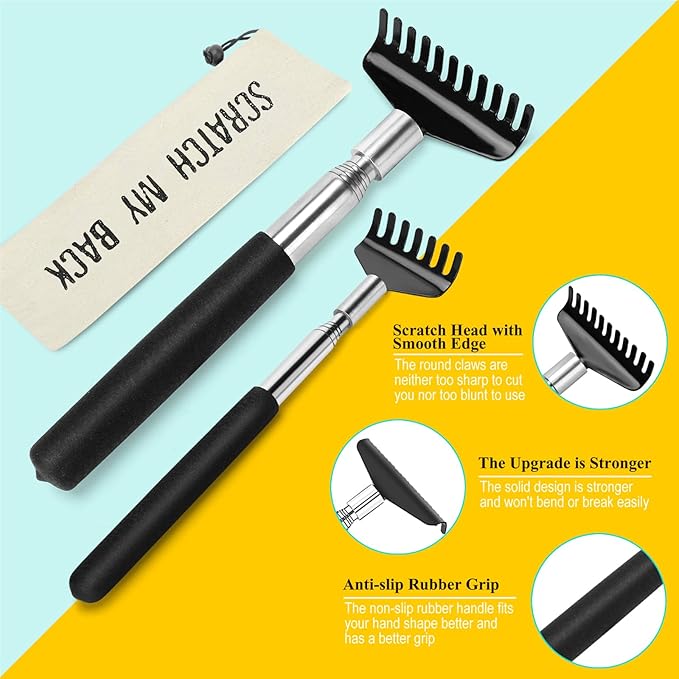 Oversized Back Scratcher Gift Set, 4 Pack Portable Extendable Stainless Steel Telescoping Massage Tool, Gift/Stocking Stuffers for Men Women