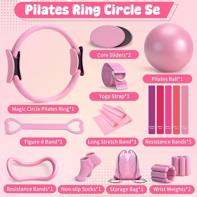 Pilates Equipment Kit for Home Workouts - 18pcs Set- 14'' Pilates Ring and Ball Set for Women, Pilates/Yoga Accessories Kit with Wrist Weights, Resistance Bands, Core Sliders, Yoga Strap, Socks, Bag