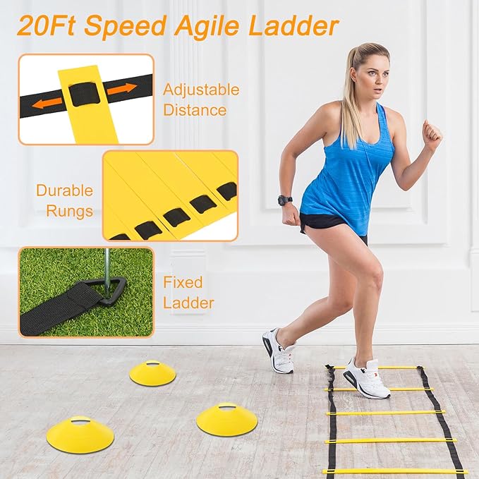 PATIKIL Agility Ladder Speed Training Equipment Soccer with 20Ft Exercise Ladder, Speed Parachute, 10Pcs Soccer Cones for Soccer Football Training, Yellow