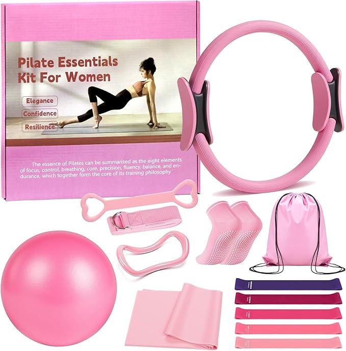 Pilates Ring 13 Piece Set,Pilates Kit for Women Exercise Equipment Accessories Deformation Magic Circle with Padded Handles, Workouts Ball, Guide & Bag, Resistance Bands for Legs Arms and Thighs