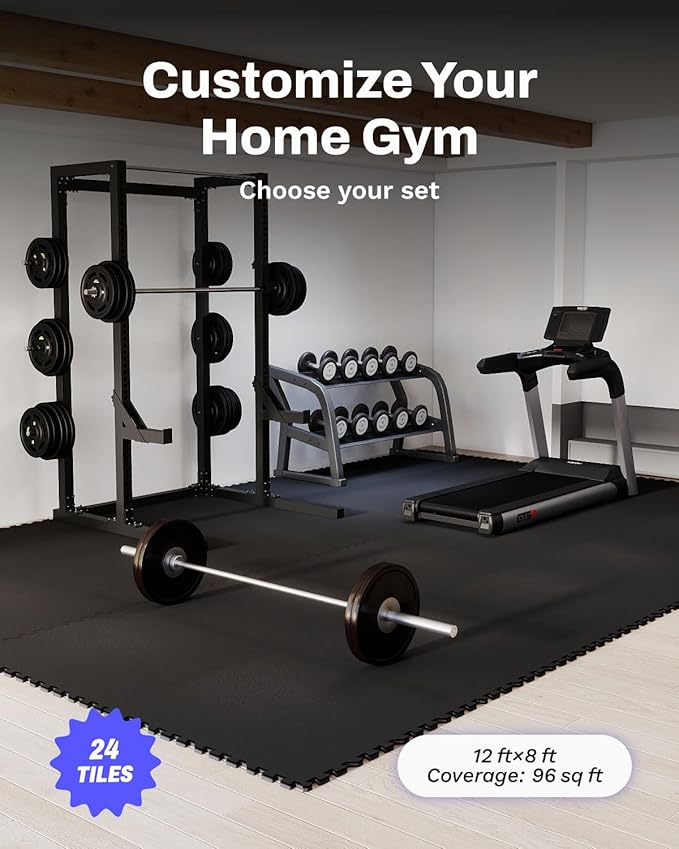 AIRHOP 0.79in Thick 96 Sq Ft Exercise Equipment Mats, 24 Tiles Upgraded Rubber Top with High Density EVA Foam, Large Interlocking Puzzle Gym Flooring for Home Gym, Heavy Weight Workout,Black
