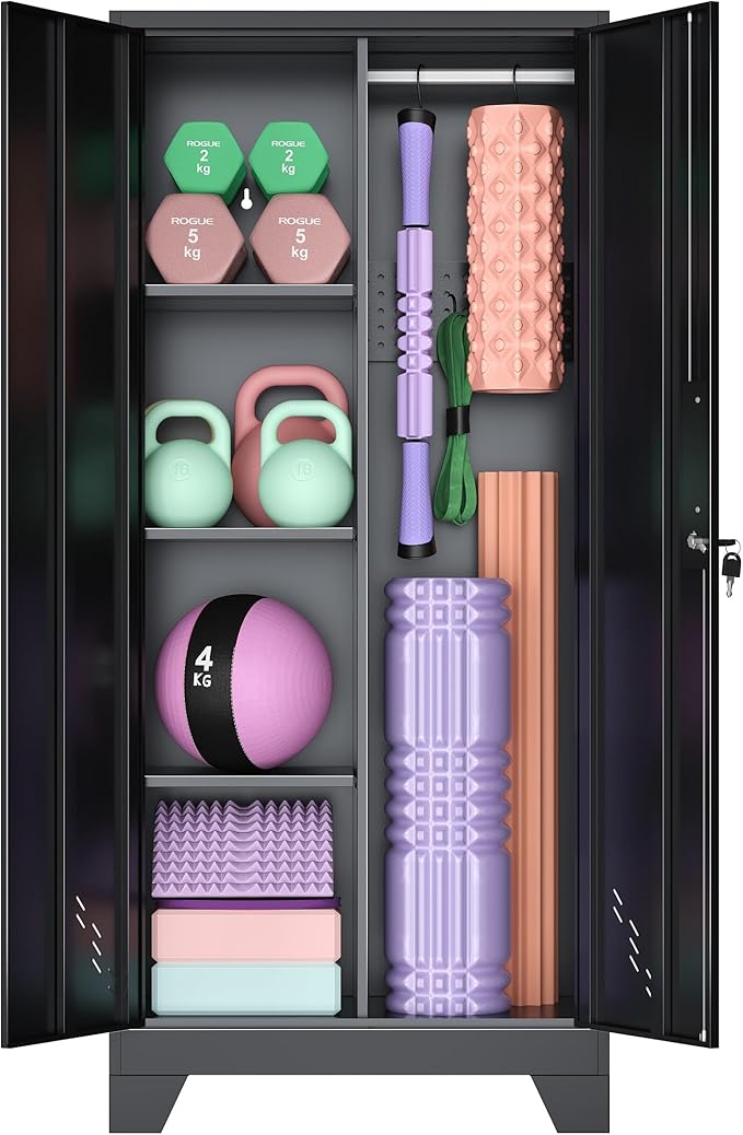 61IN Dumbbell Rack Cabinet, Weight Rack for Dumbbells, Home Gym Storage Cabinet for Kettlebells Yoga Mat and Balls, Workout Equipment Storage Organizer with Doors