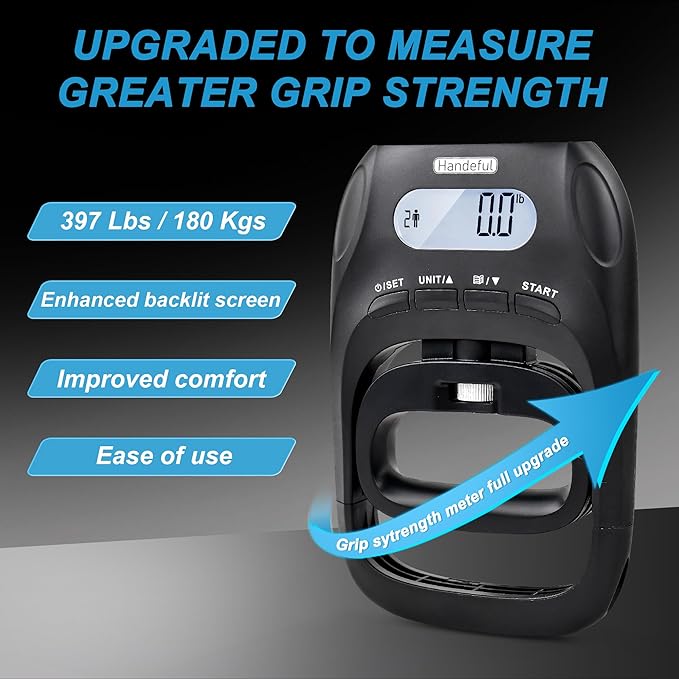 Handeful Grip Strength Tester Trainer - Dynamometer Handgrip Measurer Meter, Handheld Strengthener Exerciser for Sports, School, and Home Use (397Lbs / 180Kgs)