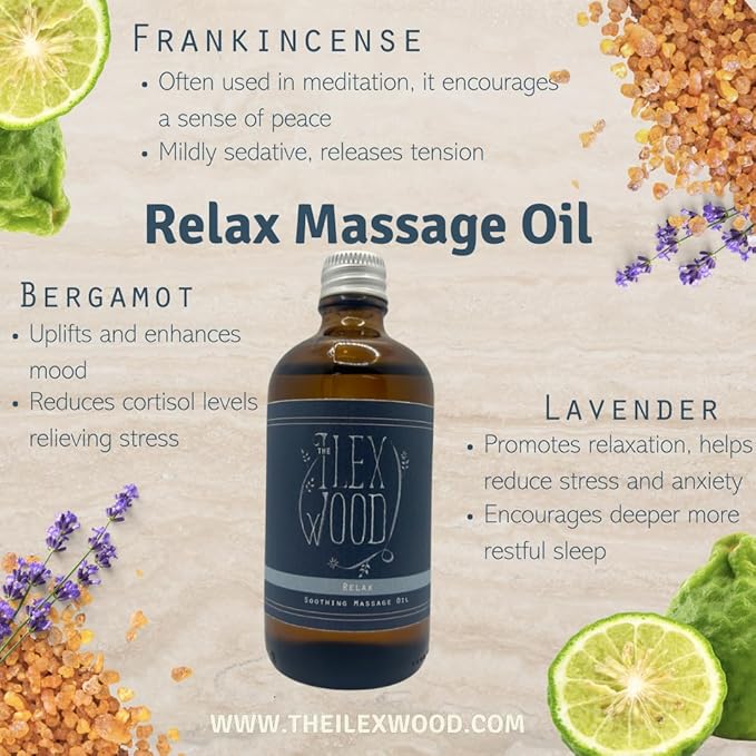 The Ilex Wood - Relax - Vegan Natural Soothing Spa Massage Oil, Handmade - 3.38 fl oz (100ml)