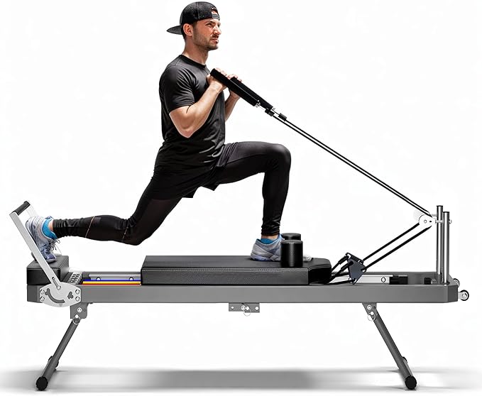 Foldable Pilates Reformer Machine with Jump Board & Dual Resistance – Adjustable Home Gym Equipment for Full-Body Workout, 400 lbs Capacity, Suitable for Beginners & Advanced Users, Black