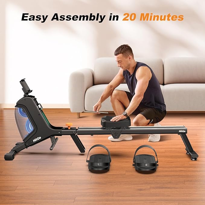 Magnetic Rowing Machine with 32-Level Electromagnetic Resistance, Dual Rail Design, Smart LED Feedback & App Integration, Foldable Quiet Rowing Rower for Home Gym