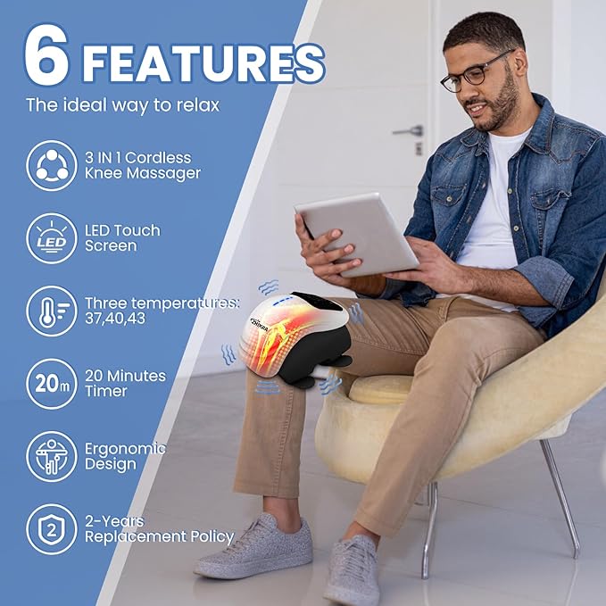 Knee Massager Smart with Heat, Red Light and Massage Therapy, 3 Vibration Modes and 3 Heating Levels, 2026 Updated Edition, LED Vitality Joints Knee Massager, Gifts for Grandma & Grandpa, White