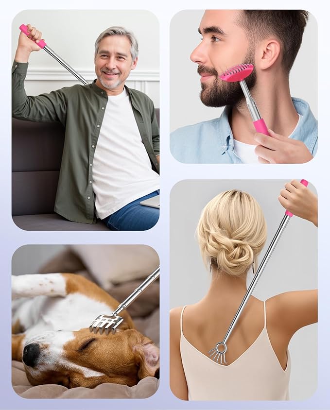 Gelibo Telescoping Back Scratcher with 5Pcs Detachable Heads,Fathers Day Dad Gifts from Wife Daughter Son,Mens Gifts,Husband, Extendable Back Massager Tool with Beautiful Box - Pink