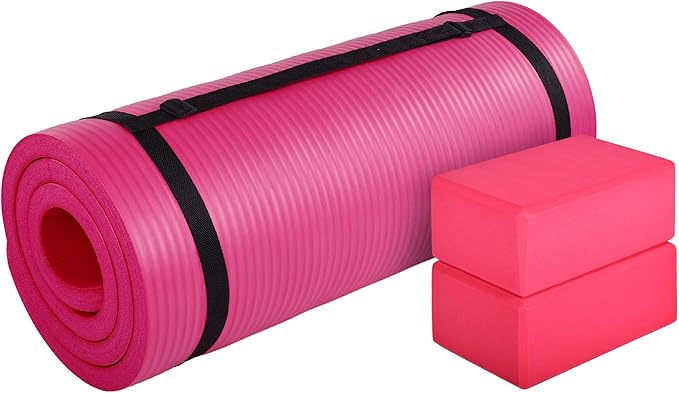 BalanceFrom 71x24 Inches Yoga Mat with Knee Pad and Optional Blocks – Extra 1-Inch Thick Non-Slip Foam with Anti-Tear Surface and Carrying Strap for Home, Studio, or Gym Workouts