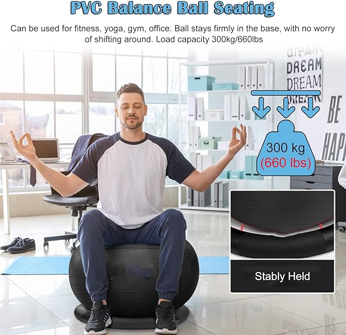 Yoga Ball Chair - Relieve Back Pain, PVC Anti-Burst Exercise Ball Chair for Home Office Desk Workout with Base & Resistance Bands, Backless Bouncy Ball Chair, Inflatable(Diameter 75cm(29 4/8 inch))