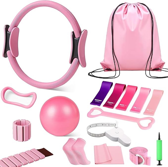 Pilates Ring Set 15PCS Pilates Equipment Set with Adjustable Ankle Wrist Weights,Yoga Ball,Figure 8 Resistance Band,Tape Measure,Pilates Bands & Accessories,Pilates Ring and Ball Set (Pink)