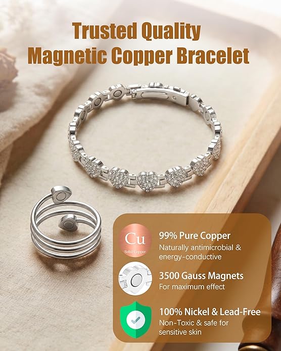 Copper Bracelet & Ring for Women, Ultra Strength Magnetic Bracelet with 3800 Gauss Magnets, Four-Leaf Clover & Infinity Heart Symbol & Crystal, Adjustable Tools and Jewelry Gift Box