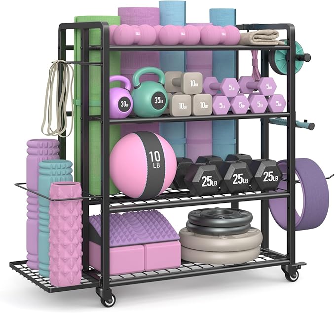 4-Tier Dumbbell Rack Stand Only, Adjustable Weight Rack for Dumbbells Kettlebells Yoga Mat, Home Gym Storage Rack with Wheels and Hooks, Powder Coated Finish