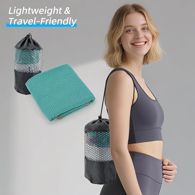 YESLIFE Non-Slip Extra Thick Hot Yoga Towel with One Sweat Towel, Microfiber Sweat Absorbent Yoga Mat Towel with Grip Dot, Pilates Mat, 72" x 24", Cyan