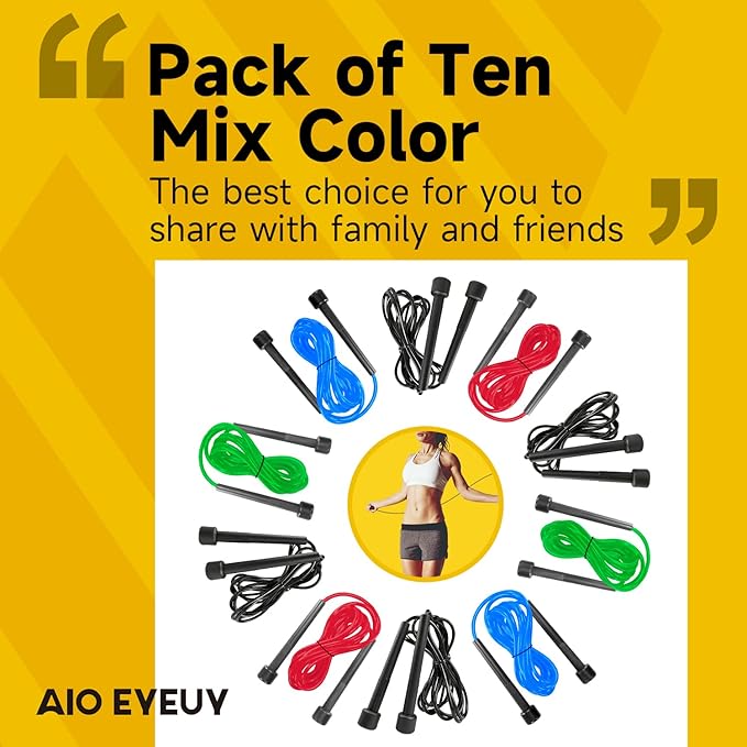 10 Pack Adjustable Jump Rope for Fitness and Exercise-PVC Skipping Rope for Men,Women and Kids-Tangle-Free for Keeping Fit, Training, Workout