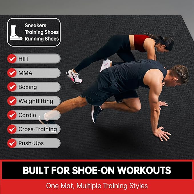 Large Exercise Mat for Home Workout,12‘x6’/10'x6'/9'x6'/8'x6'/7'x5'/6'x4' (7mm) Extra Thick Workout Mat, High-Density Gym Mat for Cardio, Jump Rope, MMA, Weights (Shoe-Friendly)