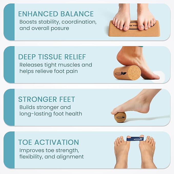 Natural Cork Balance Board Set - Yoga Foot & Ankle Strengthener, Balancing Board Massager for Plantar Fasciitis Relief, Pilates Toe Stretcher