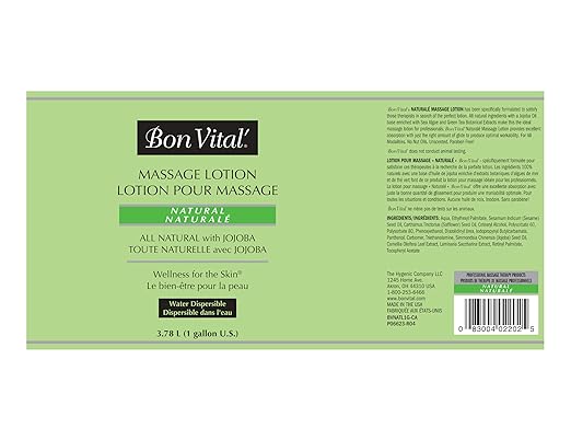 Bon Vital', Naturale Massage Lotion, 1 Gallon, All Natural Massage Lotion for Massage Therapy and Bodywork, Lightweight Unscented Lotion, Plant-Based Ingredients for Smooth Application