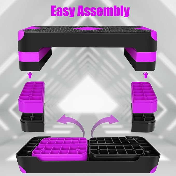 Exercise Workout Aerobic Step Platform Trainer, 27" Aerobic Stepper with 4"-6"-8" Adjustable Height Risers (Purple)