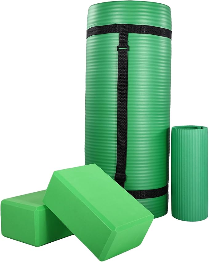 BalanceFrom 71x24 Inches Yoga Mat with Knee Pad and Optional Blocks – Extra 1-Inch Thick Non-Slip Foam with Anti-Tear Surface and Carrying Strap for Home, Studio, or Gym Workouts