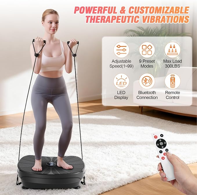 Vibration Plate Exercise Machine, 9 Preset Modes & 99-Level Full Body Workout Vibrating Plate for Lymphatic Drainage Weight Loss, 400lbs Capacity Shake Fitness Platform with Resistance Bands