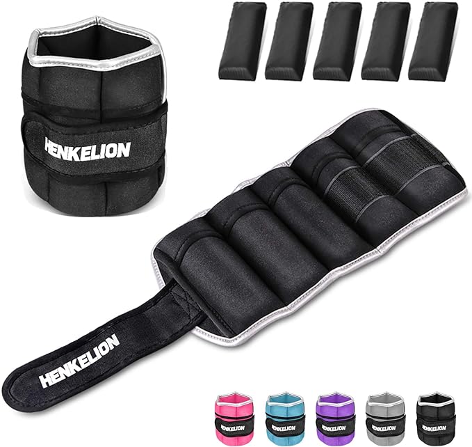 Henkelion 1 Pair 2 3 5 10 Lbs Adjustable Ankle Weights for Women Men Kids, Strength Training Wrist and Ankle Weights Sets for Gym, Fitness Workout, Running, Lifting - Black Grey Pink Blue Purple