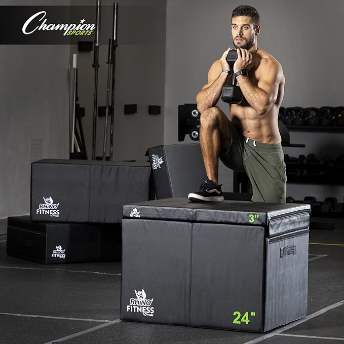 Champion Sports Foam Plyometric Box, Black - Durable Jump Boxes for Training with Handles, Hook and Loop Flaps - Stackable Plyo Box Jumps for Gym - Multiple Sizes