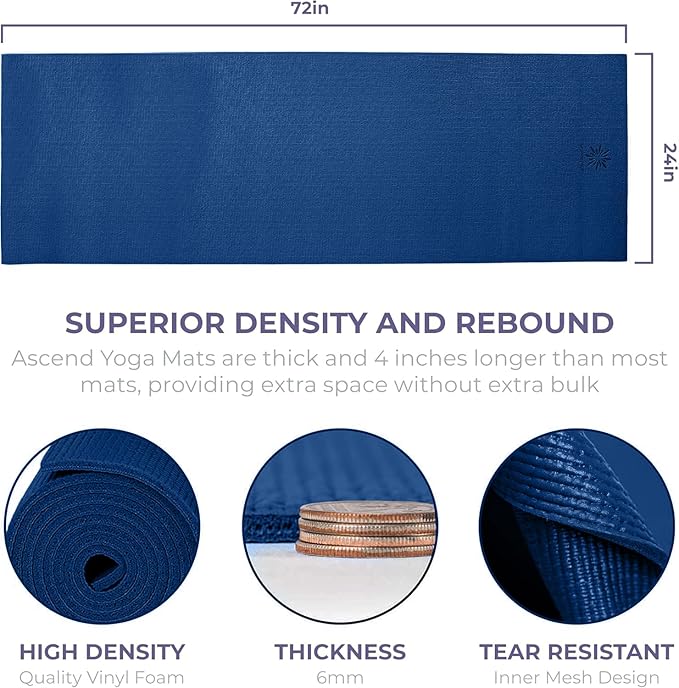 Ascend Yoga Mat - Premium 6mm Thick, 72" x 24", Solid or Reversible Print, Non Slip, Tear Resistant, Workout Mats for Pilates, Home, Studio, Fitness, Gym, Training, Floor Stretching