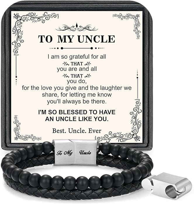 LUXEJEW Gifts for Men - Beaded Leather Bracelet 6mm Matte Agate Stone Bracelets for Men Dad Son Husband Boyfriend Grandpa Grandson Brother Uncle Nephew Adjustable Magnetic Clasp