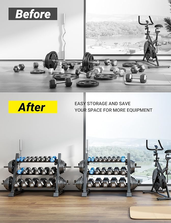 YOLEO Professional Dumbbell Rack, 1100LBS Capacity Weight Rack for Dumbbells Barbells Kettlebells, 3-Tier Adjustable Weight Stand, Multifunctional Weight Storage, Compact Weight Organizer for Home Gym (Rack Only)
