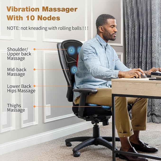 SLOTHMORE Back Massage Chair Pad, Back Massager with Heat for Pain Relief, Chair Massager for Full Body Massage, Deep Tissue Vibration Massger with 2 Adapters, Chair Massager for Office and Recliner