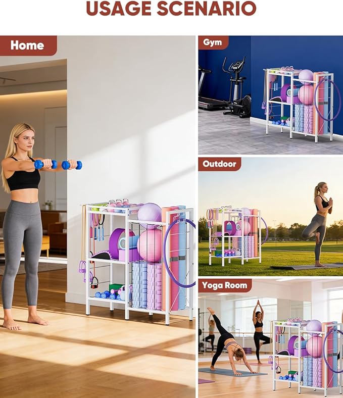 3 Tiers Dumbbells Yoga Mat Storage Rack with Elastic Straps for Kettlebells Foam Roller Resistance Bands Balls, Workout Equipment Organizer Weight Storage Holder with Hooks for Home Gym
