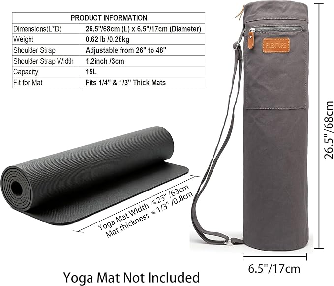 Canvas Yoga Mat Bag with Adjustable Strap & Pockets, Full-Zip Travel Gym Tote for Women & Men, Fits 1/4" & 1/3" Thick Mats, Lightweight Carrier for Yoga, Studio, Workout, Outdoor Use