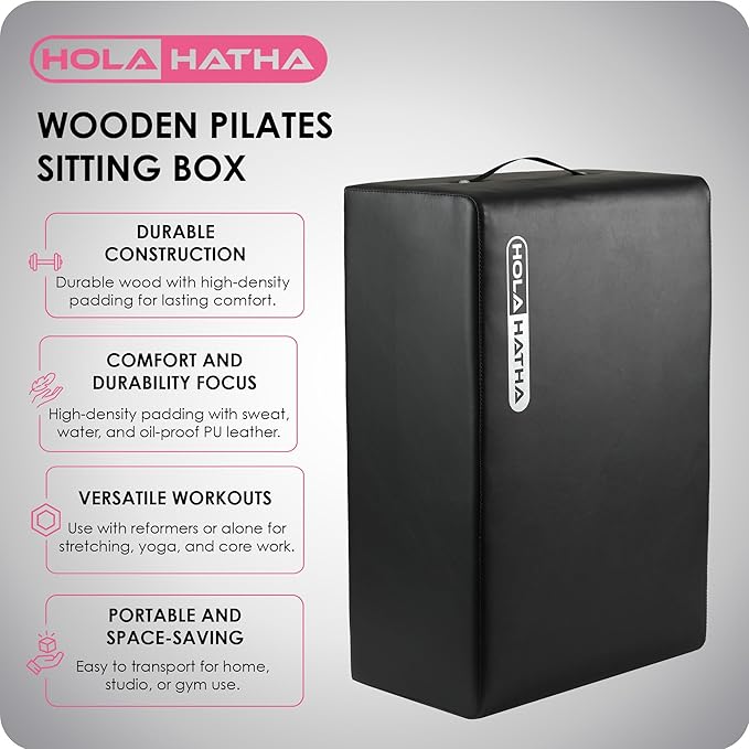 HolaHatha Wooden Pilates Box with Pole, High Density Padding, Portable Reformer & Home Gym Equipment for Balanced Workouts, 24"x15.8"x9", Black