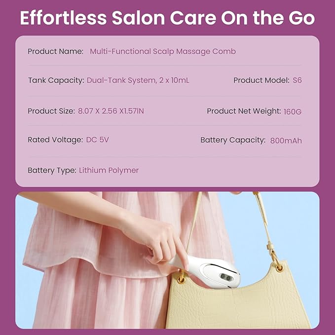 6-in-1 Rechargeable Scalp Massager Oil Applicator, Nano Mist, Electric Scalp Vibration Brush for Home Spa, Effortless Detangling & Relaxation Head Massage Tool for All Hair Types