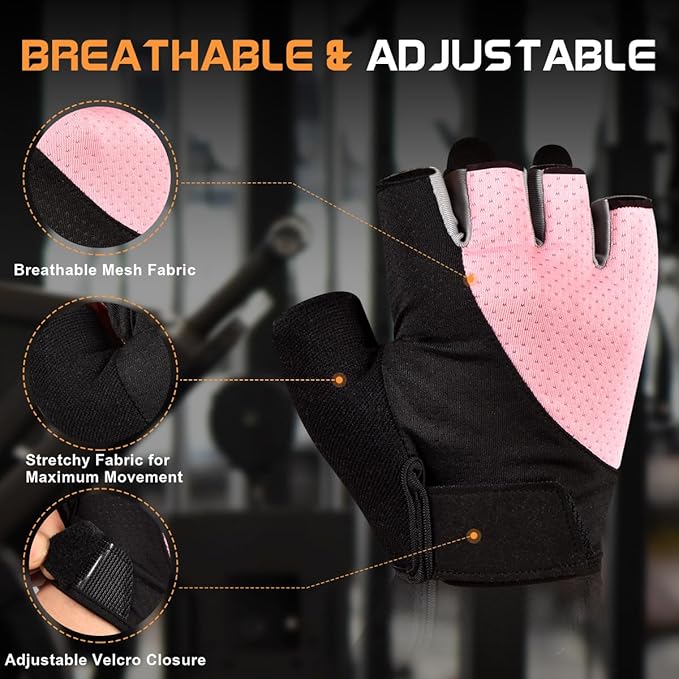 Workout Gloves for Women - Breathable Weight Lifting Gloves with Non-Slip Silicone Padding, Fingerless Gym Gloves for Cycling, Rowing, Pull Ups & Training (4 Sizes)