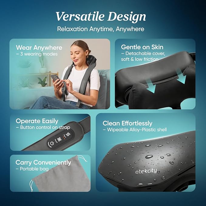 Etekcity FSA Eligible Cordless Neck Massager for Pain Relief Deep Tissue, Shiatsu Shoulder Massager with Heat, Massage Tools for Trapezius, Lymphatic Drainage, Relaxation Therapy, HSA Items, Cadeo