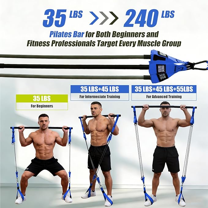 Pilates Bar Kit with Resistance Bands for Men, Heavy Duty Home Gym Equipment for Full Body Workout, Strength Training, Legs, Hips, Arms, Abs, Chest – Portable Pilates Stick