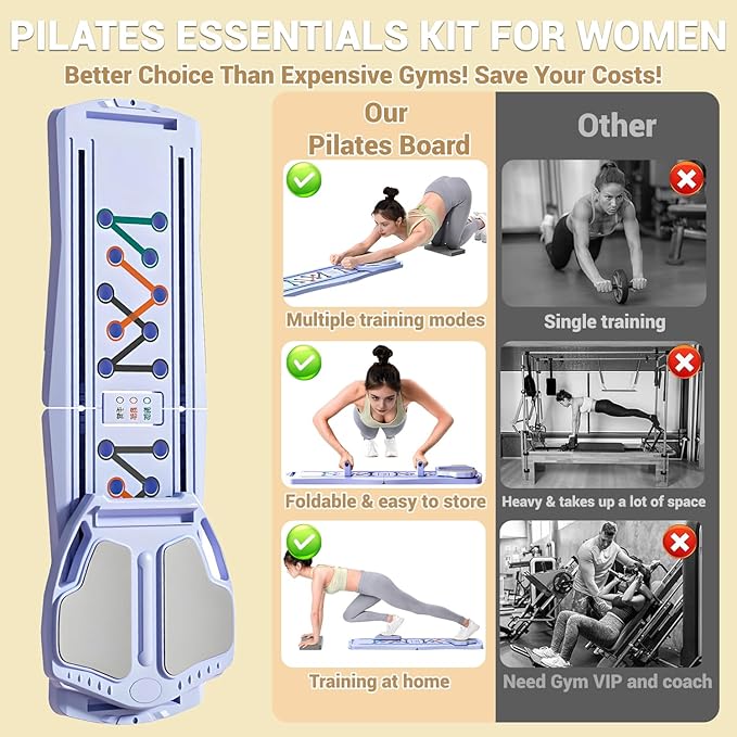 Pilates Board for Home Workout with Mat, Bar, Slider and Resistance Bands, Foldable Portable Pilates Reformer Machine Kit for Women, Multifunctional Pilates Equipment for Gym Office Exercise