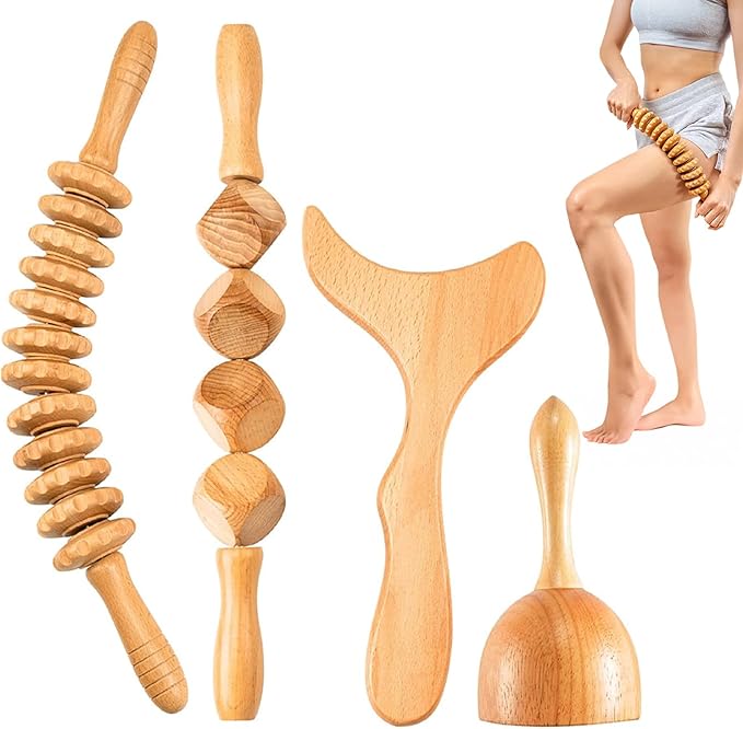 4PCS Wood Therapy Massage Tools Set for Comfort, Body Sculpting, Lymphatic Drainage, and Muscle Pain Relief
