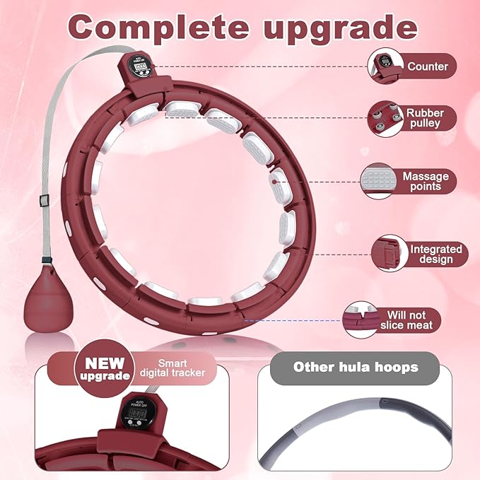 Smart Silent Weighted Fitness Hoop with Counter, Adjustable 30"-50" Infinite Exercise Hoop - A Spinning Hoop for Waist & Adult Weight Loss, Includes Tape Measure & Backpack for Women & Beginners