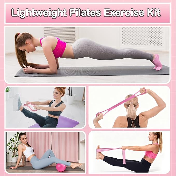 Pilates Kit 14PCS for Women,Home Workout Essentials Kit with Pilates Circle,9 Inch Yoga Ball, Figure 8 Resistance Band, Pilates Sock & Accessories for Beginners, Core Strength