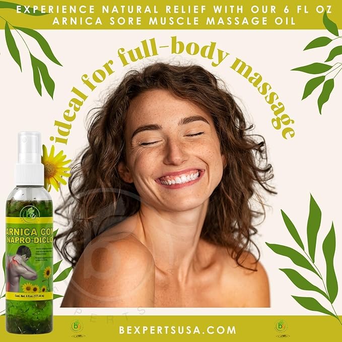 Arnica Sore Muscle Massage Oil(Aceite) – 6 fl oz – Natural Concentrated Body Oil for Muscles, Joints & Massage Therapy – Fast-Absorbing – Fresh Herbal Aroma – Soothing Relief – Daily Use Solution